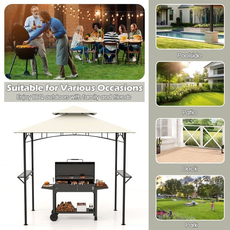 Outdoor Double-Tiered Grill Gazebo Canopy with 2 Shelves and 7 Hooks-Beige
