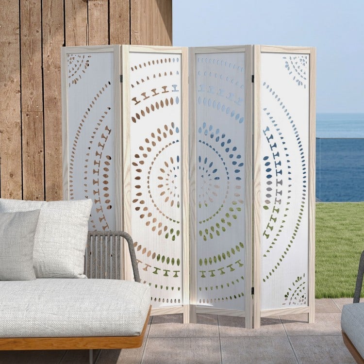 66 Inch Boho 4-Panel Room Divider Privacy Screen with Carved Pattern
