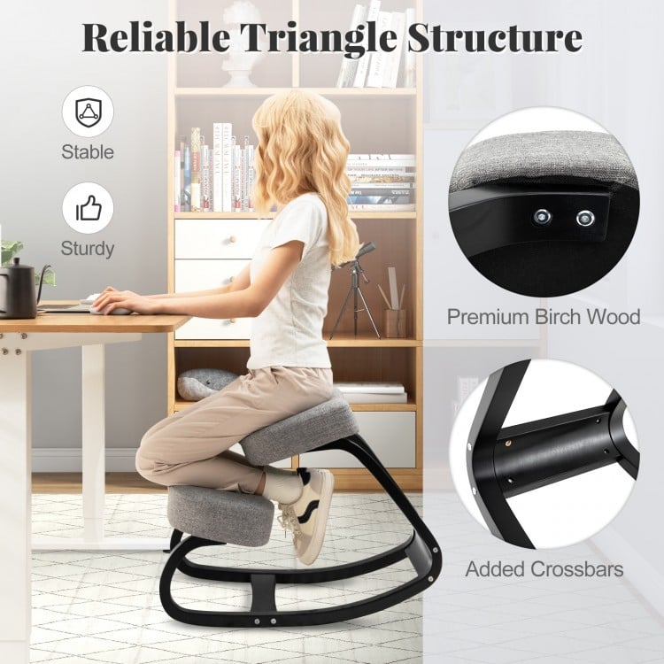 Wooden Ergonomic Rocking Kneeling Chair with Padded Cushion-Grey