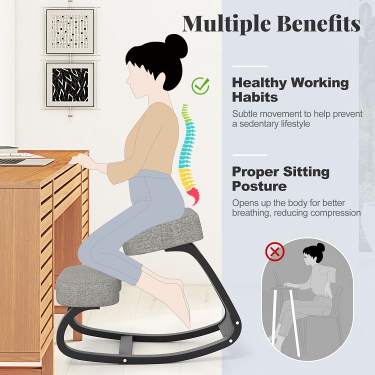 Wooden Ergonomic Rocking Kneeling Chair with Padded Cushion-Grey