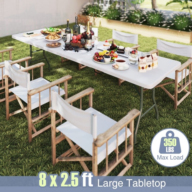 8 ft Portable Folding Table 350 LBS Fold-in-Half Table with HDPE Tabletop-White