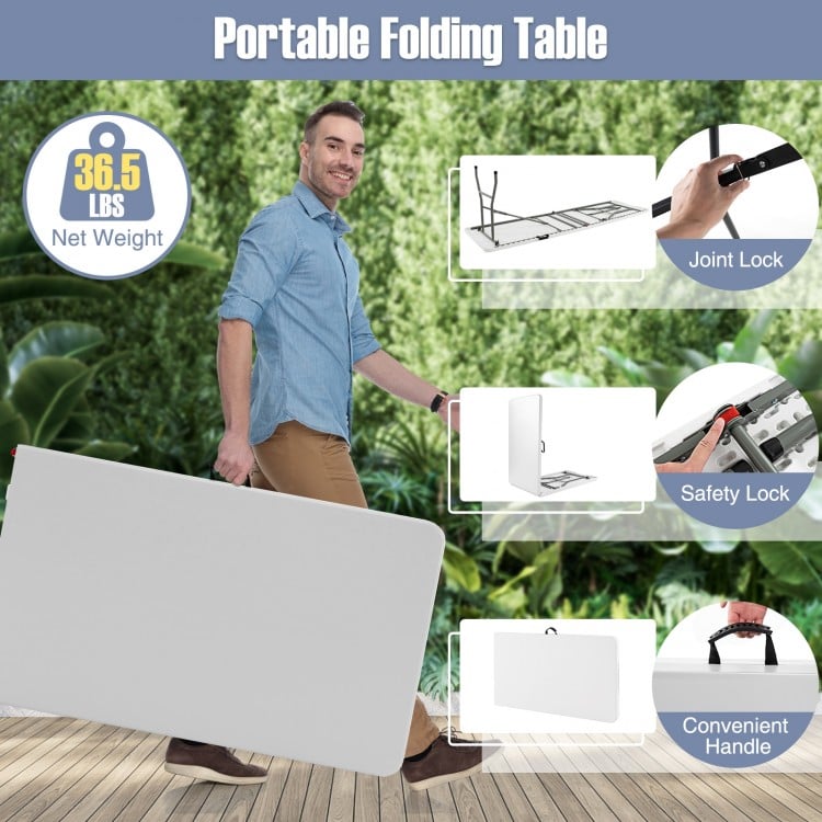 8 ft Portable Folding Table 350 LBS Fold-in-Half Table with HDPE Tabletop-White