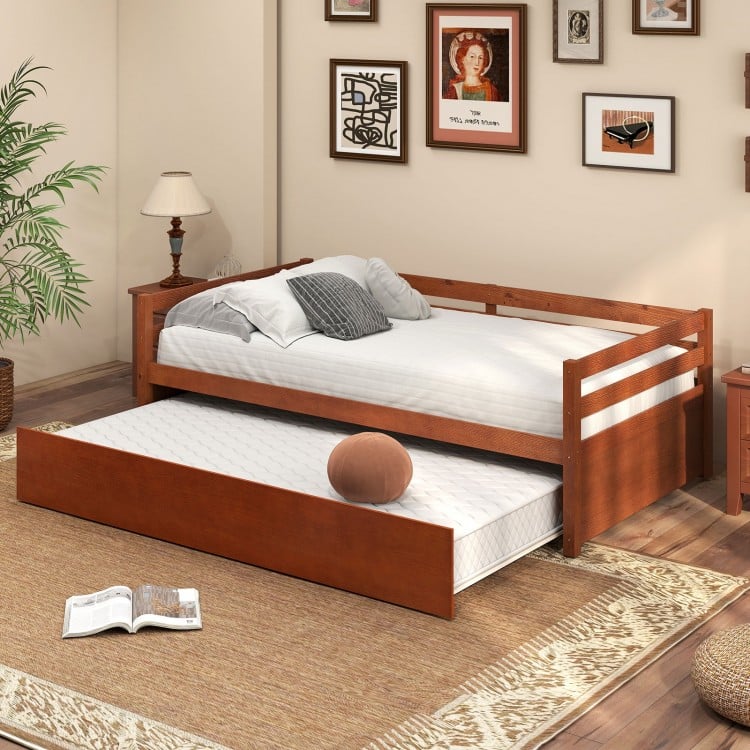 Twin Size Trundle Platform Bed Frame with Wooden Slat Support-Walnut