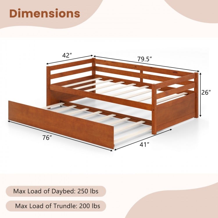 Twin Size Trundle Platform Bed Frame with Wooden Slat Support-Walnut