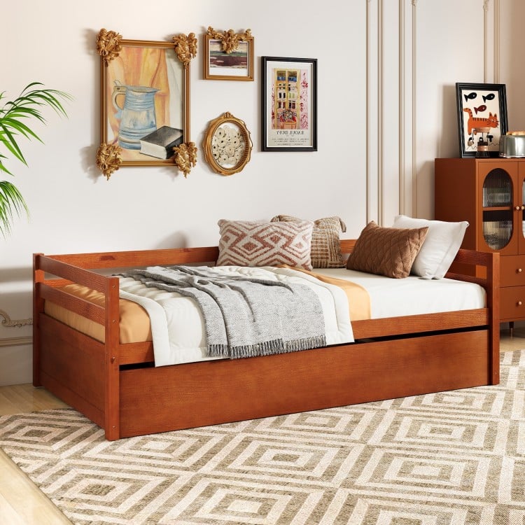 Twin Size Trundle Platform Bed Frame with Wooden Slat Support-Walnut