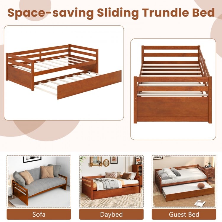 Twin Size Trundle Platform Bed Frame with Wooden Slat Support-Walnut