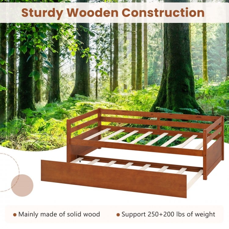 Twin Size Trundle Platform Bed Frame with Wooden Slat Support-Walnut