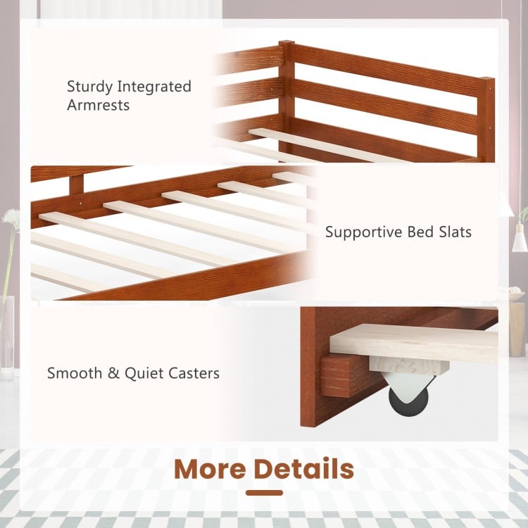 Twin Size Trundle Platform Bed Frame with Wooden Slat Support-Walnut