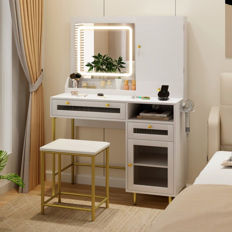 Modern Makeup Vanity Desk with Mirror and Lights and Stool Set-White