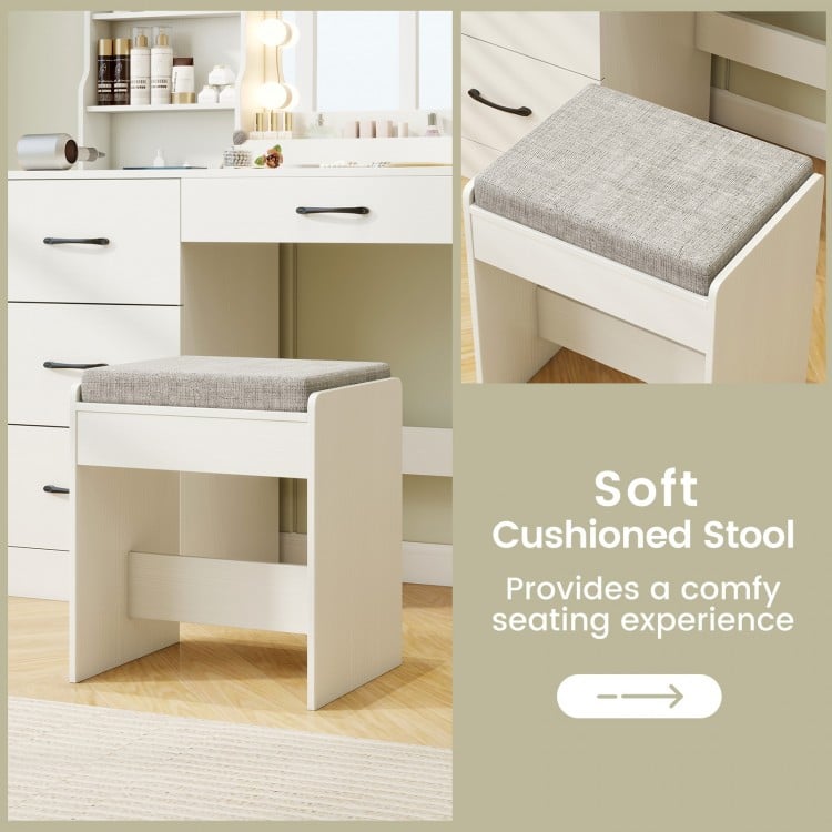 Makeup Vanity Desk Dressing Table and Stool Set with Mirror and Lights-White