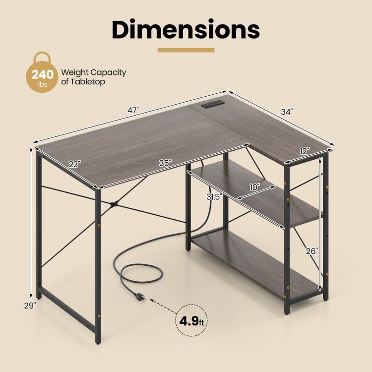 L-shaped 47 Inch Reversible Corner Desk with Adjustable Storage Shelves-Gray