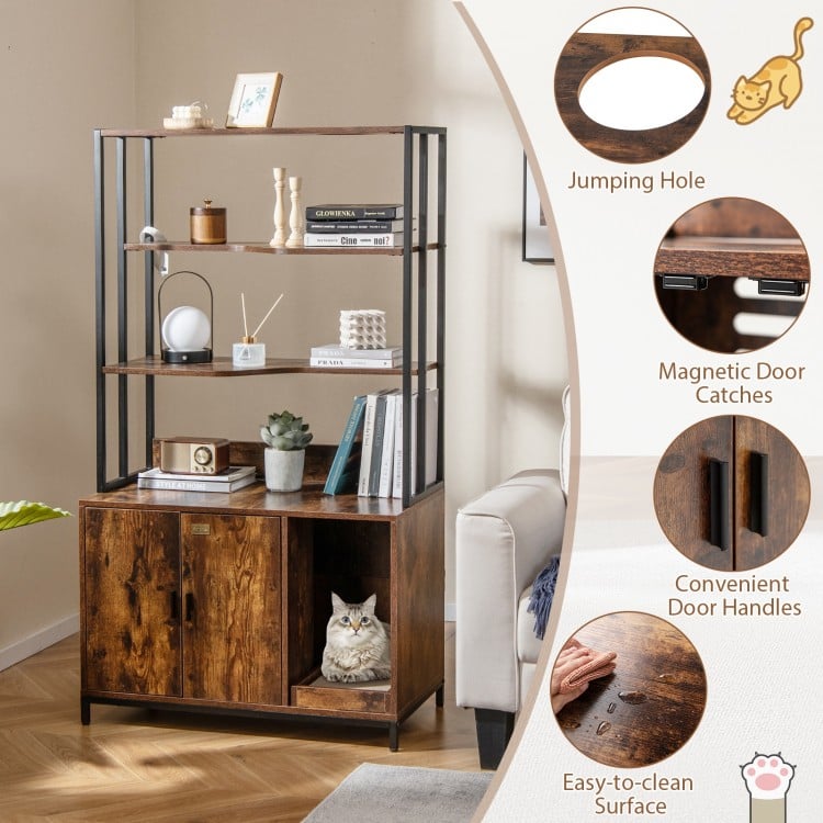 Cat Litter Box Enclosure with Storage and 3-tier Shelves-Rustic Brown