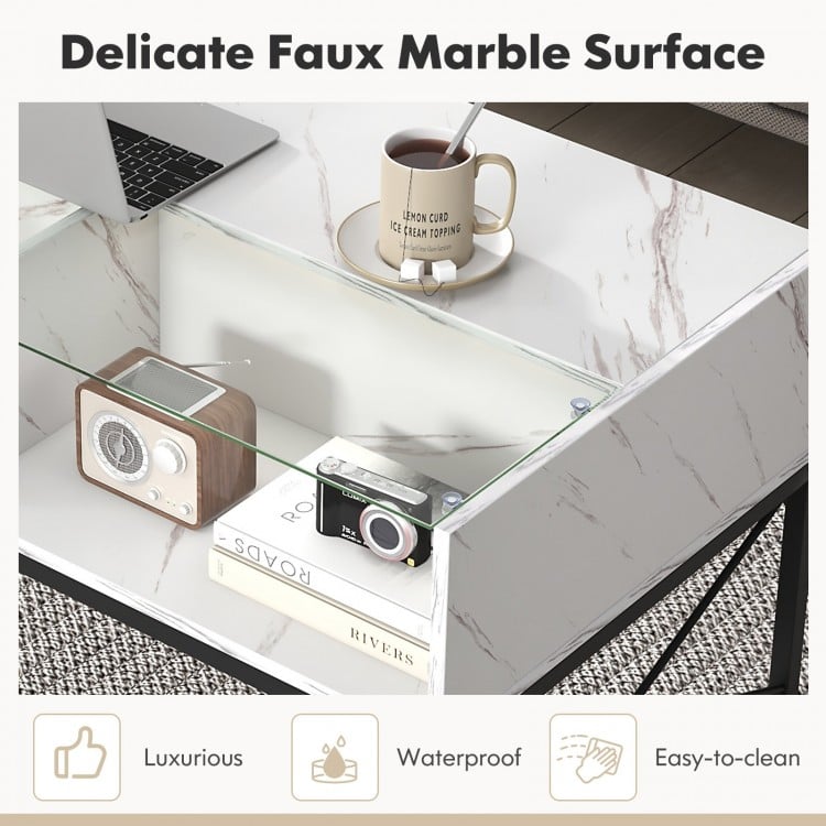 Center Table with Faux Marble and Tempered Glass Top-White