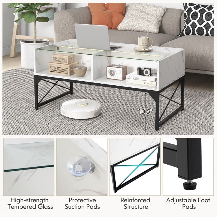 Center Table with Faux Marble and Tempered Glass Top-White