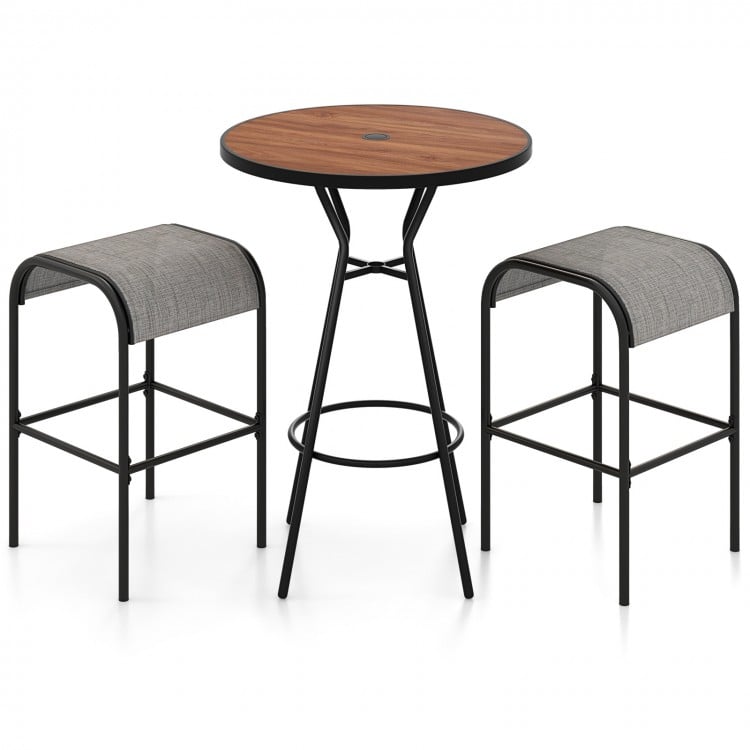 3 Pieces Outdoor Round Bar Table Set with 1.6 Inches Umbrella Hole
