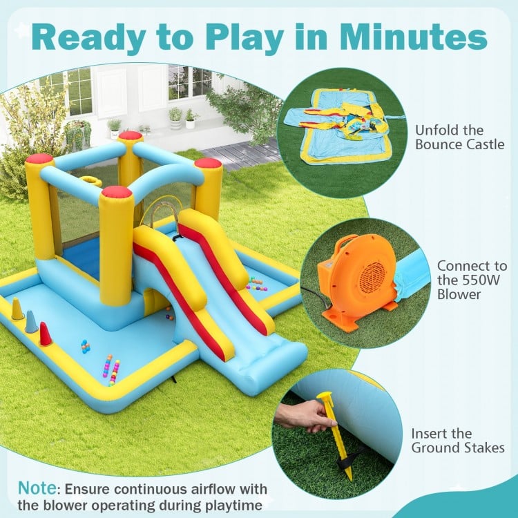Inflatable Bounce House 7-in-1 Bouncy Castle with Slide and Tunnel with 550W Blower