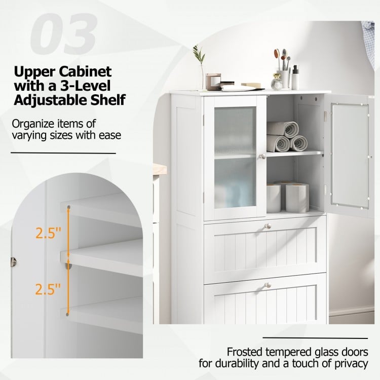 Bathroom Floor Storage Cabinet Freestanding Cupboard Pantry with 2 Drawers and 2 Frosted Glass Doors-White
