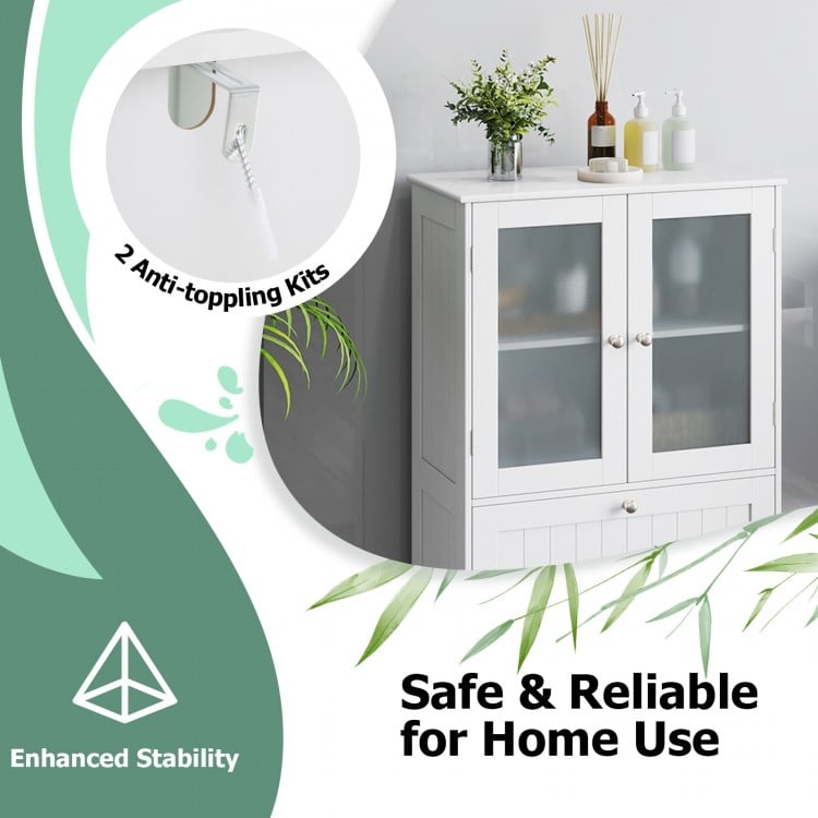 Bathroom Floor Storage Cabinet Freestanding Cupboard Pantry with 2 Drawers and 2 Frosted Glass Doors-White