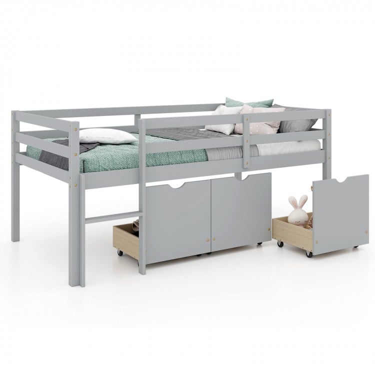 Twin Size Low Loft Bed with 3 Drawers with Ladder and Full-length Guardrails-Gray