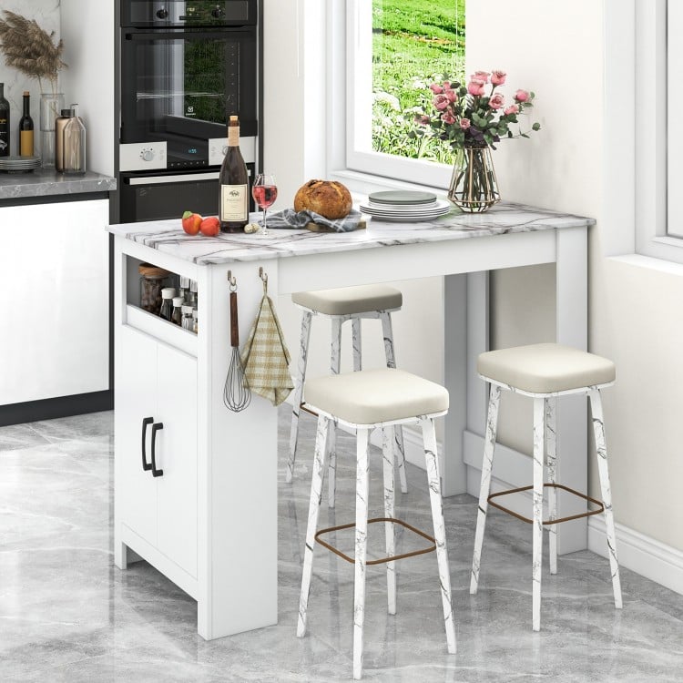 Bar Table Faux Marble Pub Table with 7 Hanging Hooks Compartment-White