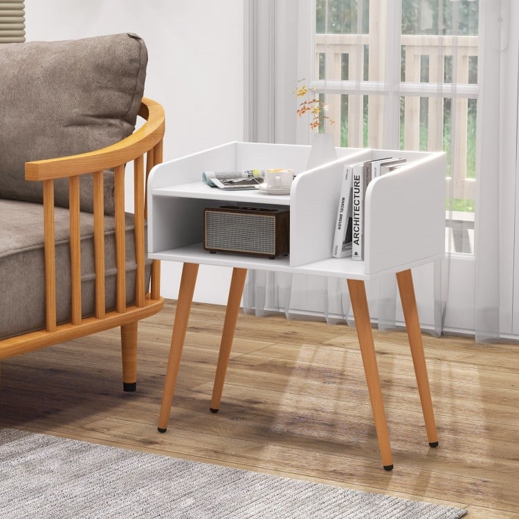 Mid Century Modern Nightstand with Open Shelves-White