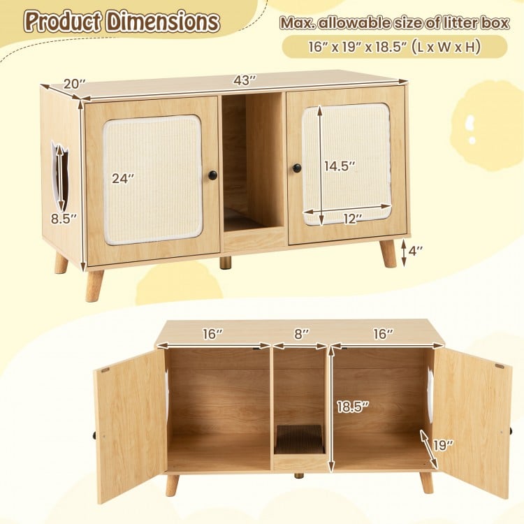 43 Inches Cat Litter Box Enclosure with Double Rooms and 2 Sisal Scratching Mats-Natural
