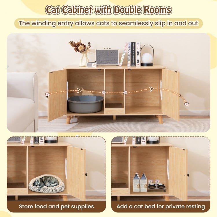 43 Inches Cat Litter Box Enclosure with Double Rooms and 2 Sisal Scratching Mats-Natural