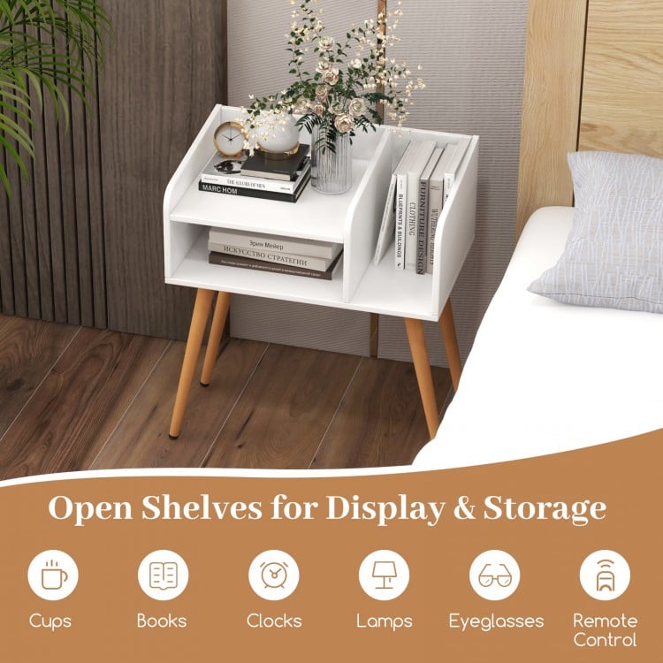 Mid Century Modern Nightstand with Open Shelves-White