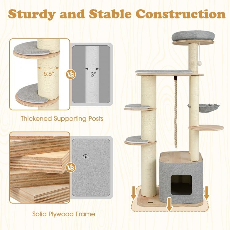 63 Inch Tall Cat Tree Modern Wooden Cat Tower with Perch Condo Hammock-Gray