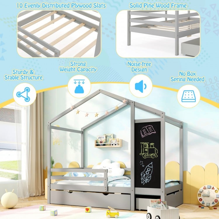 Kids Twin Size Bed with 2 Drawers Solid Wood Bed with Blackboard-Gray