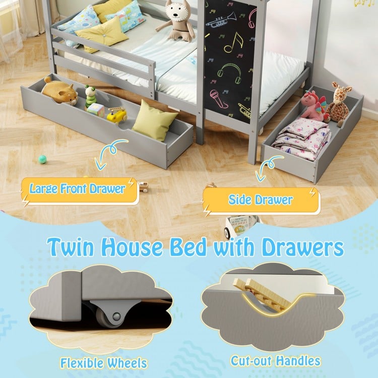 Kids Twin Size Bed with 2 Drawers Solid Wood Bed with Blackboard-Gray