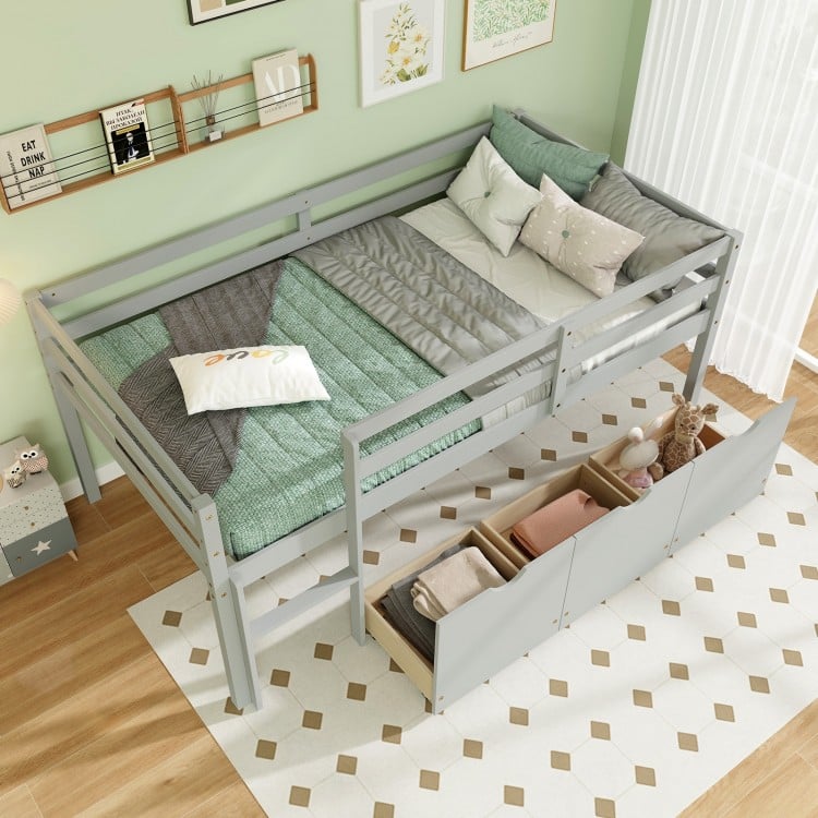 Twin Size Low Loft Bed with 3 Drawers with Ladder and Full-length Guardrails-Gray