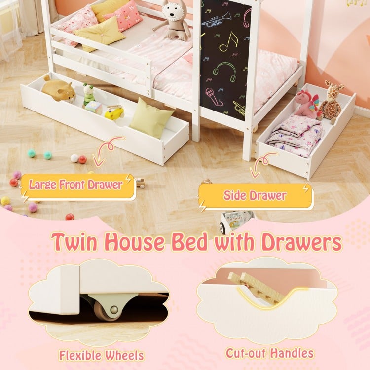 Kids Twin Size Bed with 2 Drawers Solid Wood Bed with Blackboard-White