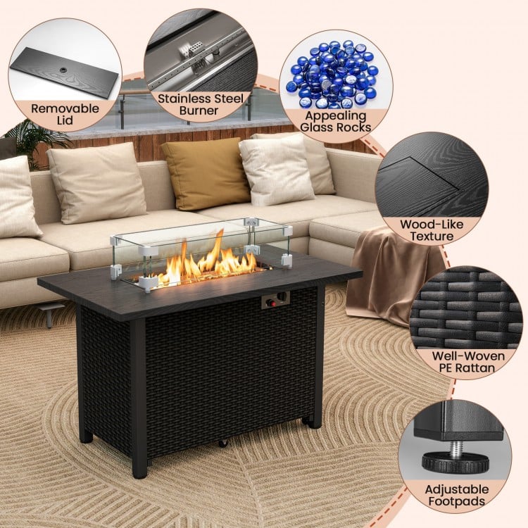 50000 BTU 2 Inch ropane Gas Fire Pit Table with Wind Guard and Glass Rocks-Black