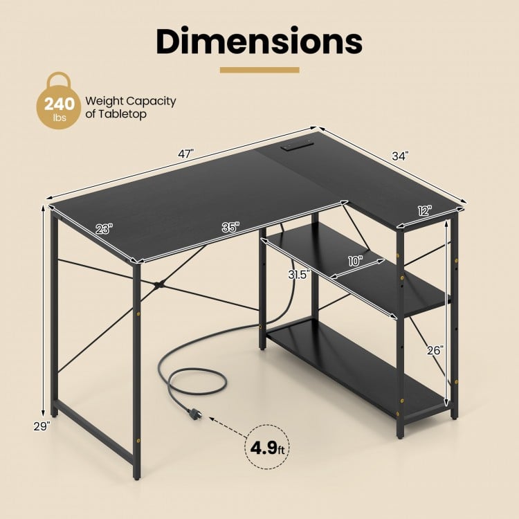 L-shaped 47 Inch Reversible Corner Desk with Adjustable Storage Shelves-Black