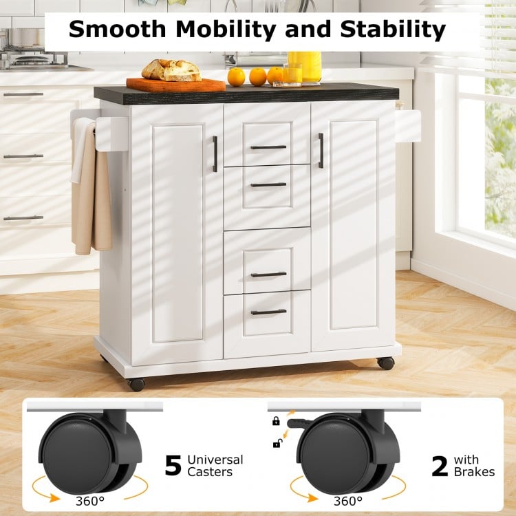 Rolling Kitchen Island Cart on Wheels with Storage Cabinets-White
