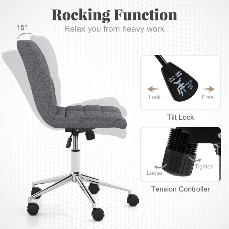 Armless Office Chair Upholstered Makeup Vanity Chair with Adjustable Height and Wheels-Grey