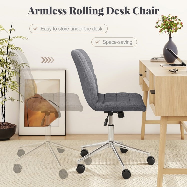 Armless Office Chair Upholstered Makeup Vanity Chair with Adjustable Height and Wheels-Grey