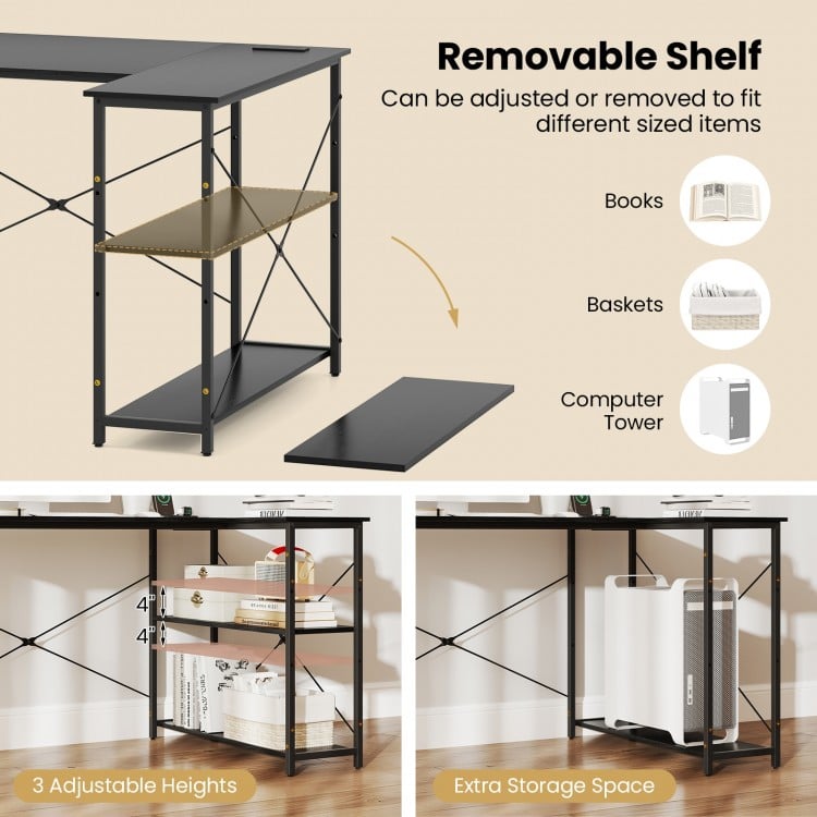 L-shaped 47 Inch Reversible Corner Desk with Adjustable Storage Shelves-Black
