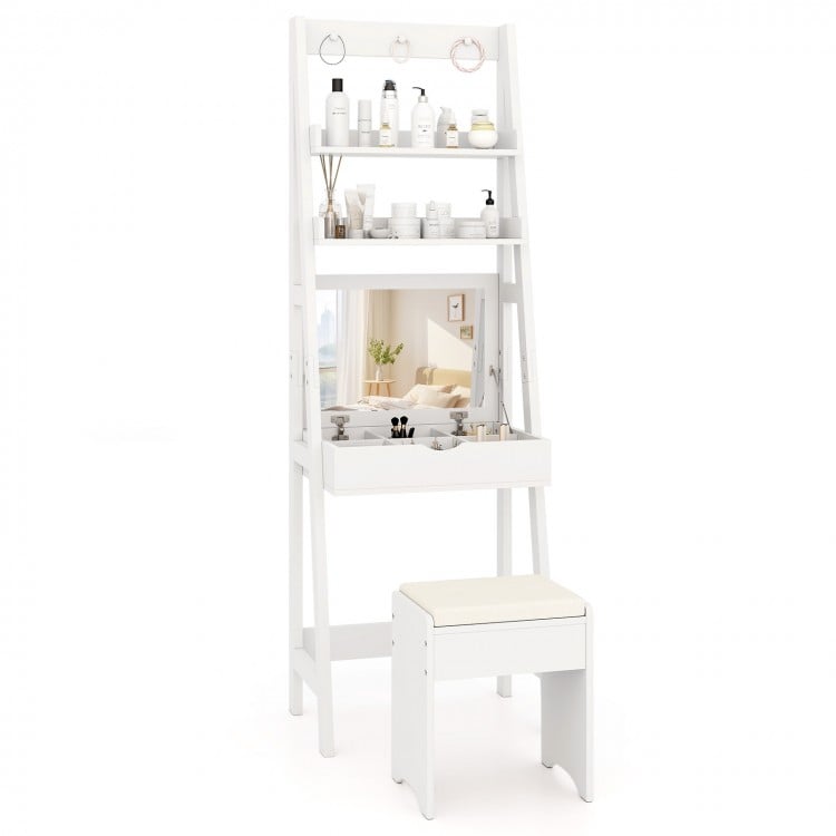 Vanity Desk Set with Flip Top Mirror Hidden Storage Compartments and Cushioned Stool-White