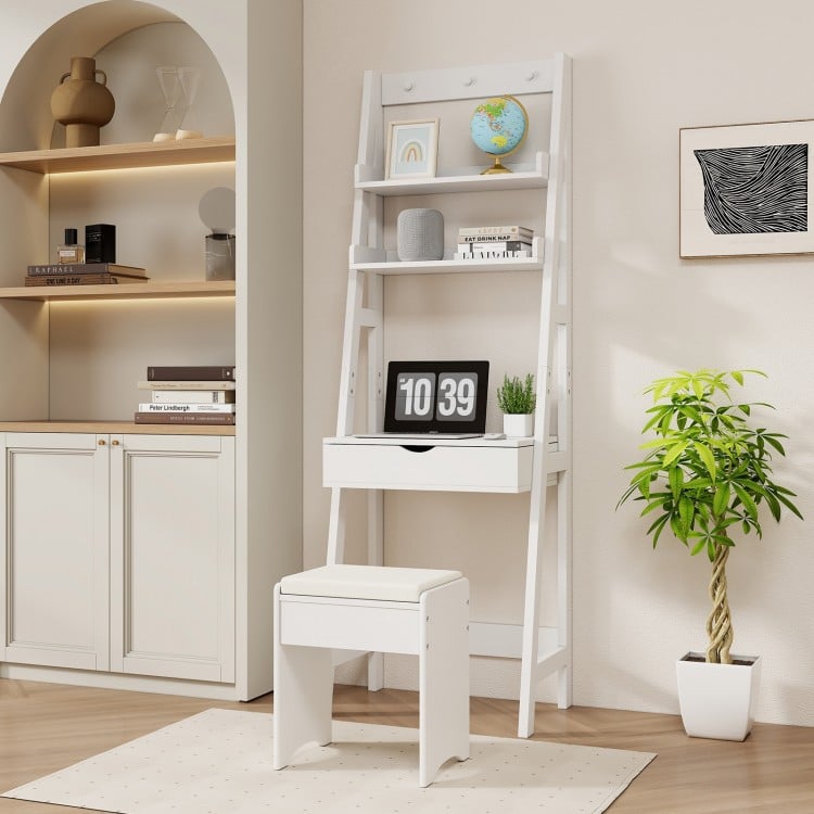 Vanity Desk Set with Flip Top Mirror Hidden Storage Compartments and Cushioned Stool-White