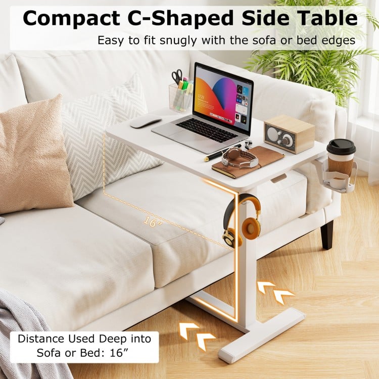 Mobile Standing Desk Height Adjustable Overbed Bedside Table with Cup Holder-White