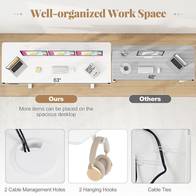 Electric Standing Desk with 3 Memory Heights and 2 Hanging Hooks and Cable Holes-White