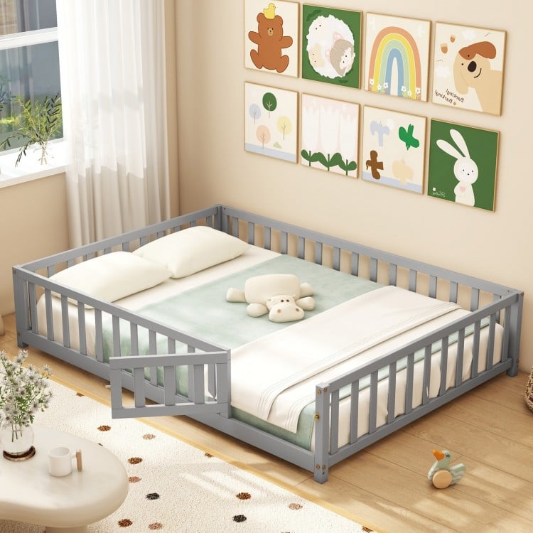 Montessori Bed Frame with Full-length Guardrails Safety Door and Latch-Gray