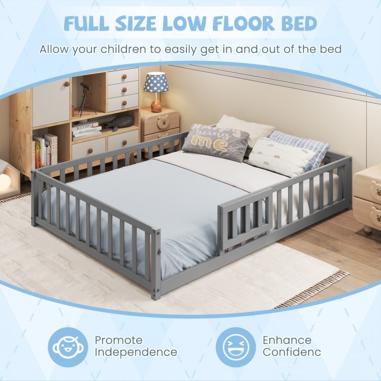 Montessori Bed Frame with Full-length Guardrails Safety Door and Latch-Gray