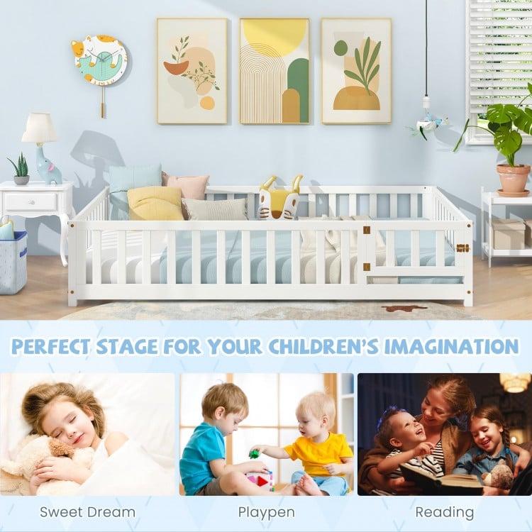 Montessori Bed Frame with Full-length Guardrails Safety Door and Latch-White