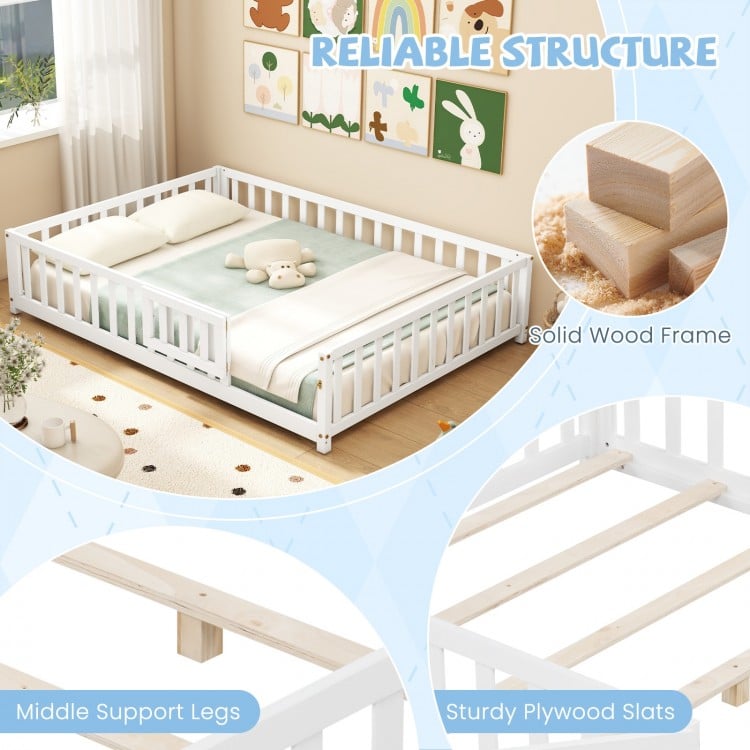 Montessori Bed Frame with Full-length Guardrails Safety Door and Latch-White