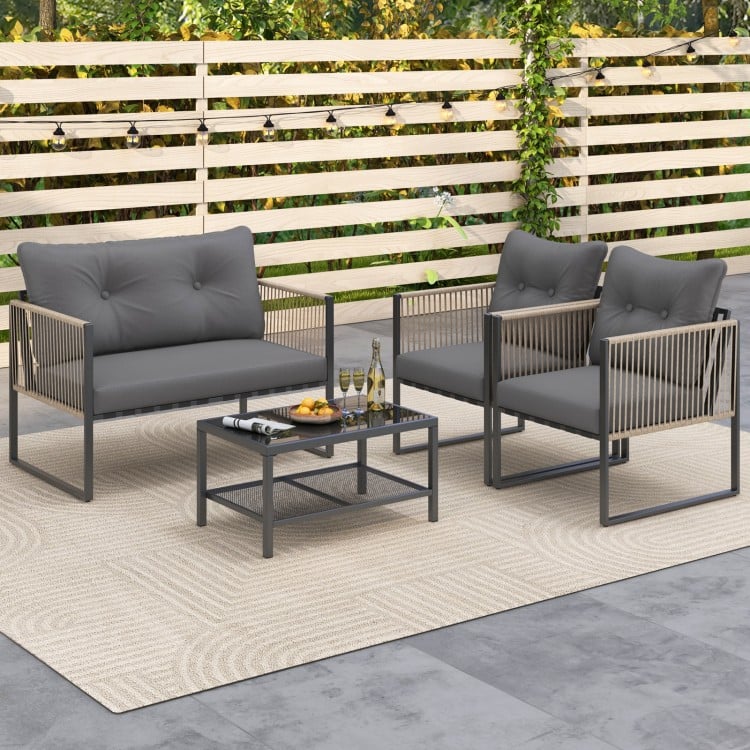 4 Pieces Outdoor PE Rattan Conversation Sofa Set with Cushions-Grey