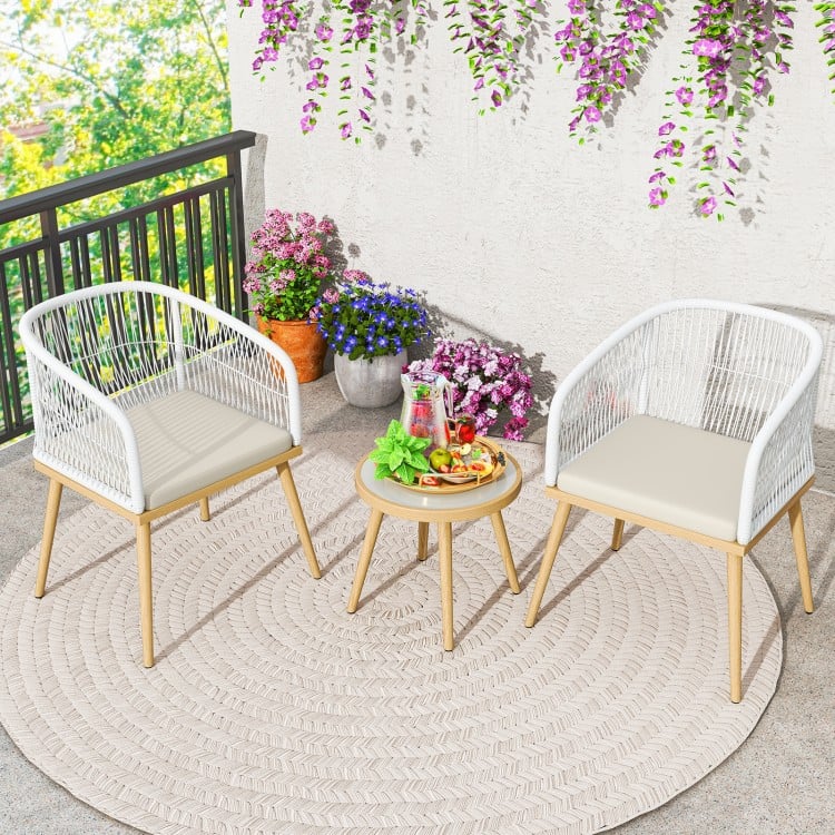 3 Pieces Outdoor Bistro PE Wicker Conversation Furniture Set-White