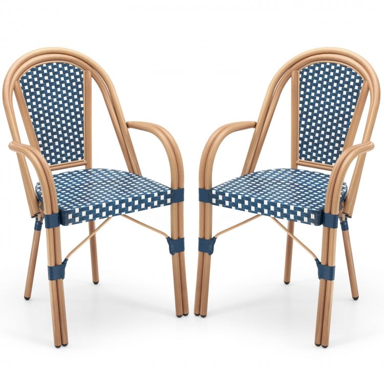 Hand-Woven PE Wicker Outdoor French Bistro Chairs Set of 2-Blue